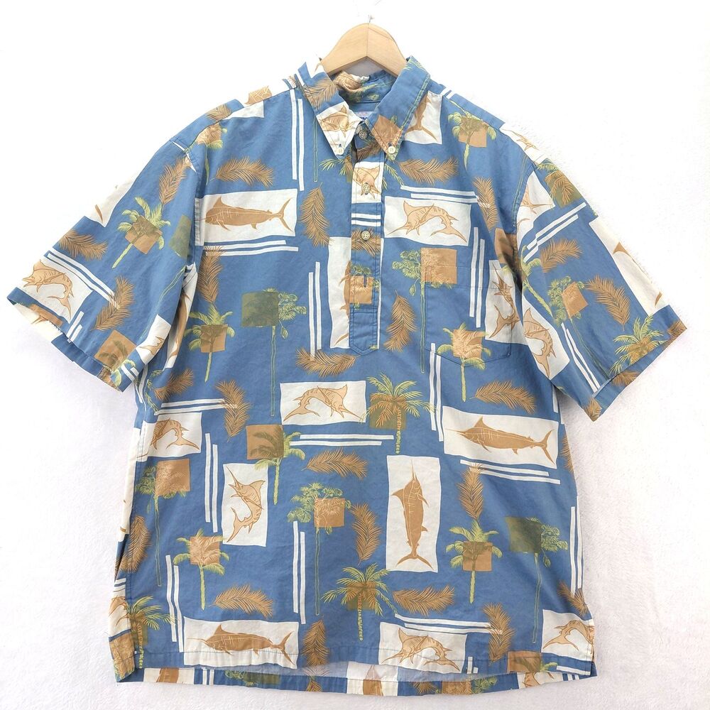 Reyn Spooner Hawaiian Shirt Men XL Blue Palm Tree Floral Marlin Fishing Polo VTG